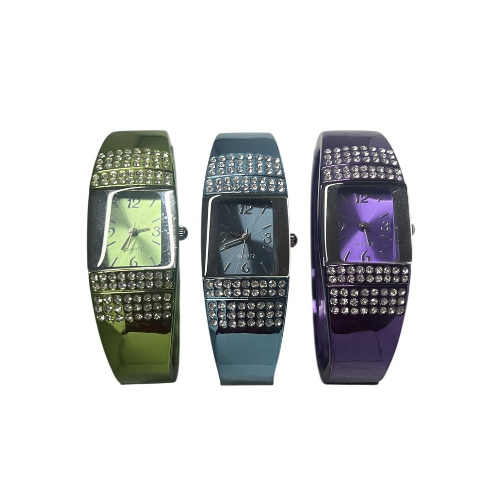3pc Fashion Bangle Watch Set Rhinestone Cuff Wristwatches Quartz Untested